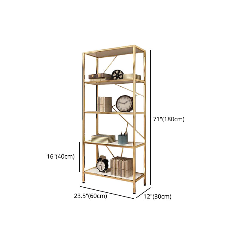 Scandinavian Open Etagere Bookshelf with Gold Iron Frame White Manufactured Wood Shelf