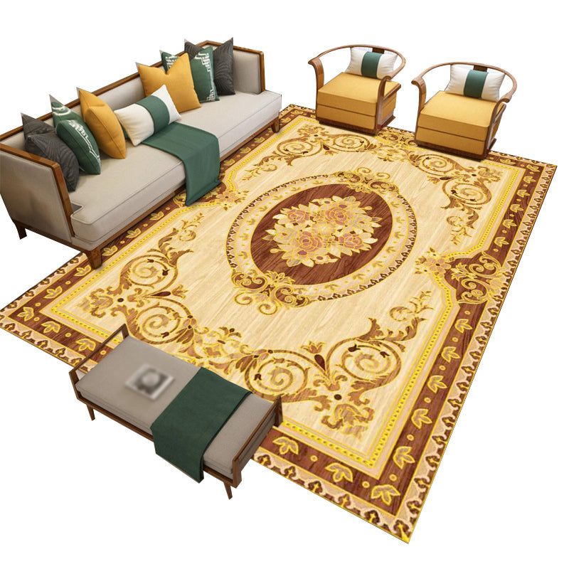 Yellow Luxury Rug Polyester Graphic Area Rug Stain Resistant Rug for Drawing Room