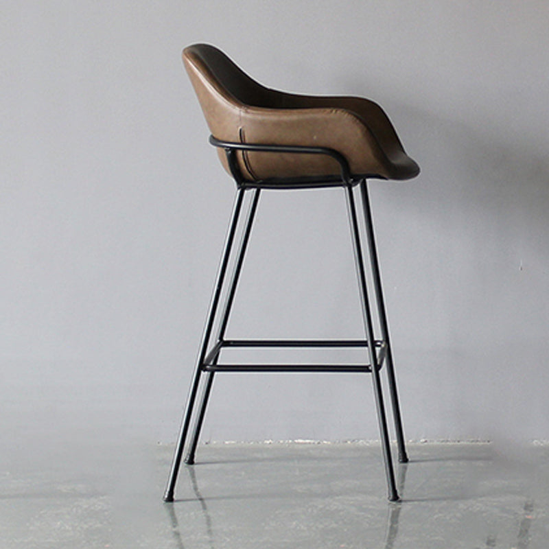 Contemporary Leather Armed Barstool Matte Finish Footrest Low Back Stool