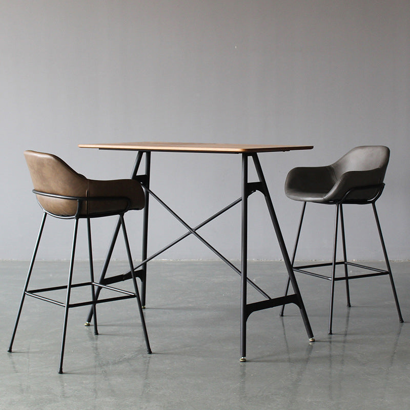 Contemporary Leather Armed Barstool Matte Finish Footrest Low Back Stool