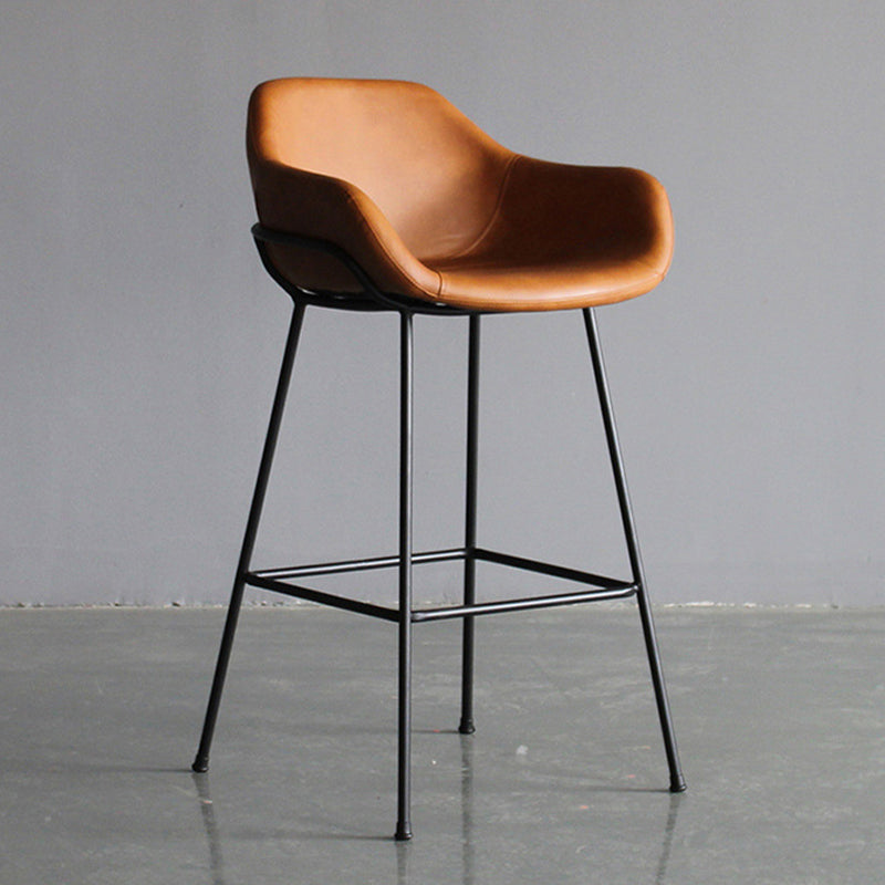 Contemporary Leather Armed Barstool Matte Finish Footrest Low Back Stool