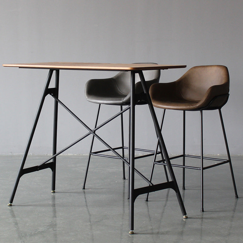 Contemporary Leather Armed Barstool Matte Finish Footrest Low Back Stool