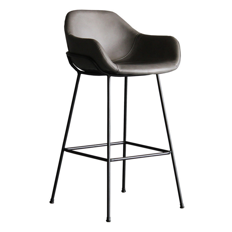 Contemporary Leather Armed Barstool Matte Finish Footrest Low Back Stool