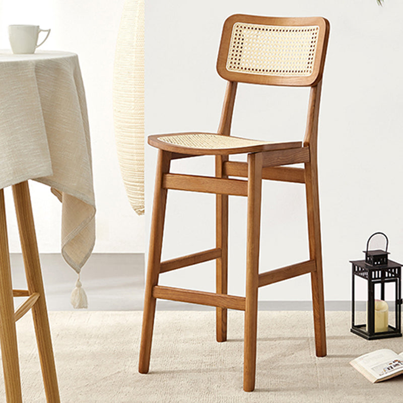 Contemporary Wood Bar and Counter Stool Rattan Low Back Stool with 4 Legs