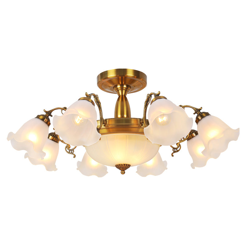 Traditional Metal Semi Flush Lamp Bedroom Ceiling Lighting with Flower Glass Shade