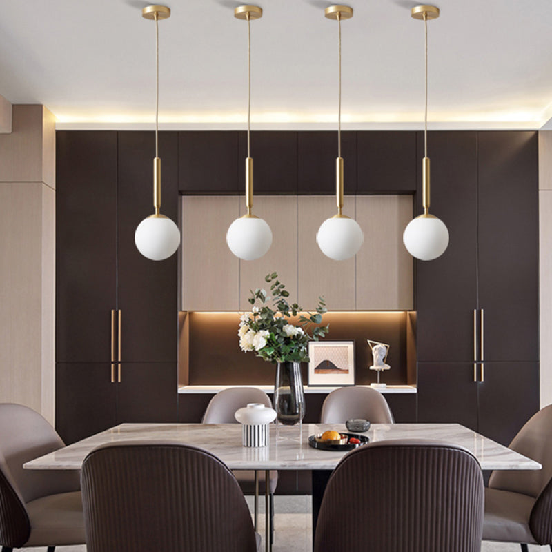 Modern Pendant Light Fixture White Glass 1-Light Dining Room Drop Light in Brass