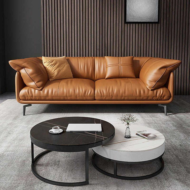 Recessed Arm Tan Contemporary Removable Cushions Faux Leather Sofa & Chaise