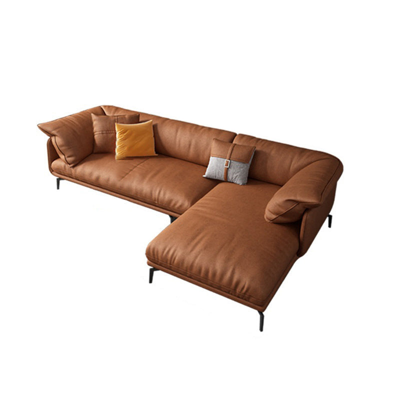 Recessed Arm Tan Contemporary Removable Cushions Faux Leather Sofa & Chaise