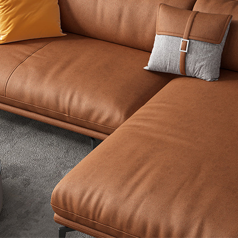 Recessed Arm Tan Contemporary Removable Cushions Faux Leather Sofa & Chaise