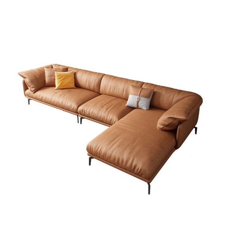 Recessed Arm Tan Contemporary Removable Cushions Faux Leather Sofa & Chaise