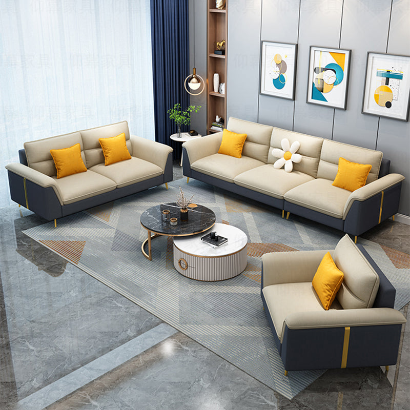 Modern Faux Leather Square Arm Sofa with Bolster Pillows for Living Room