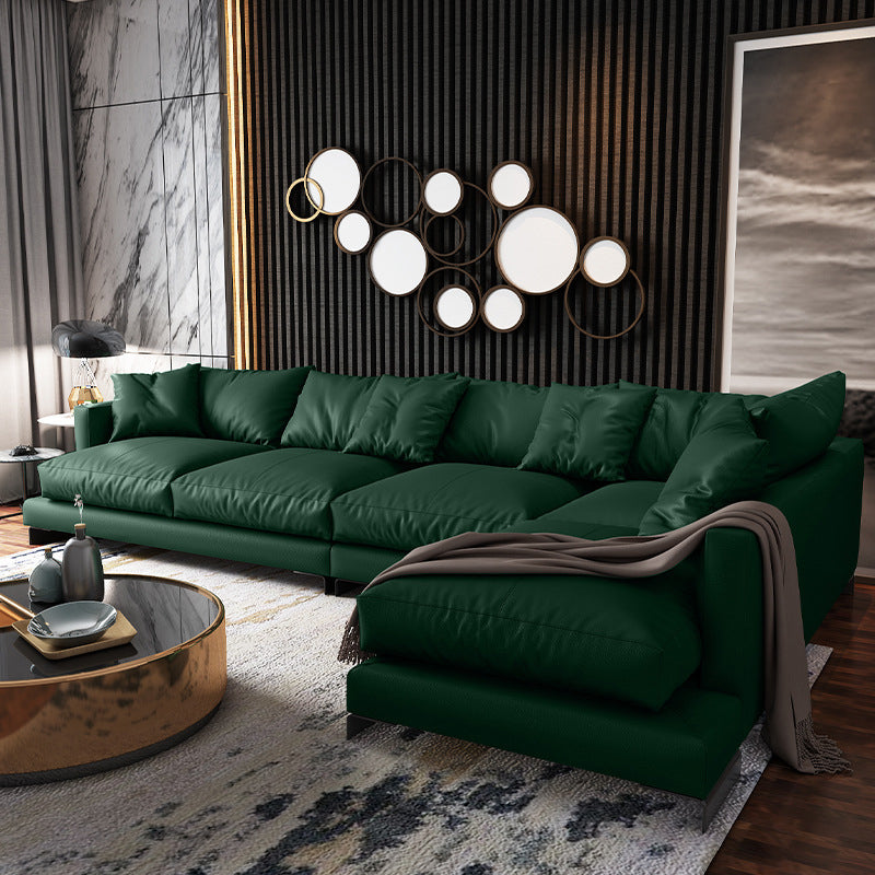 Forest Green Genuine Leather Square Arm Settee Furniture with Pillows