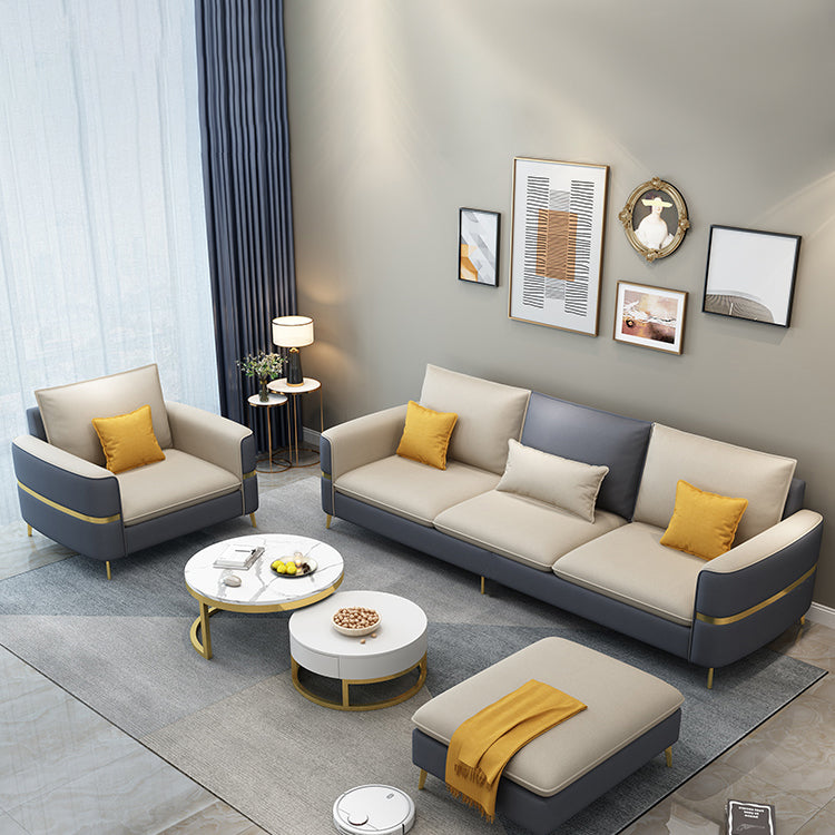 Contemporary Recessed Arm Sofa with Pillows Back and Golden Legs