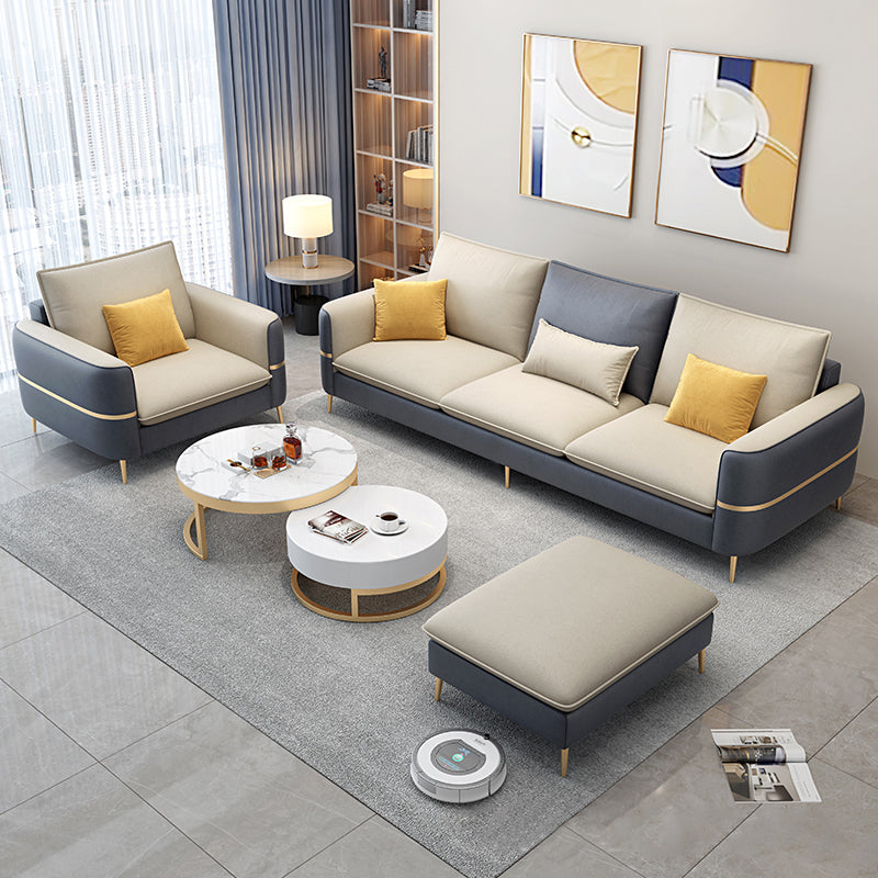 Contemporary Recessed Arm Sofa with Pillows Back and Golden Legs