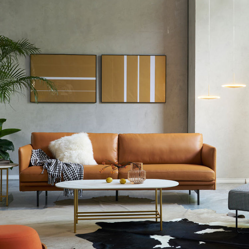 Modern Style Square Armrest Sponge Seat Filled with Leather & Leather Orange Sofa