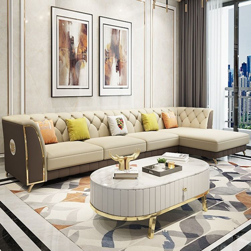 Recessed Arm Tufted Back Sectional Genuine Leather Sofa and Chaise