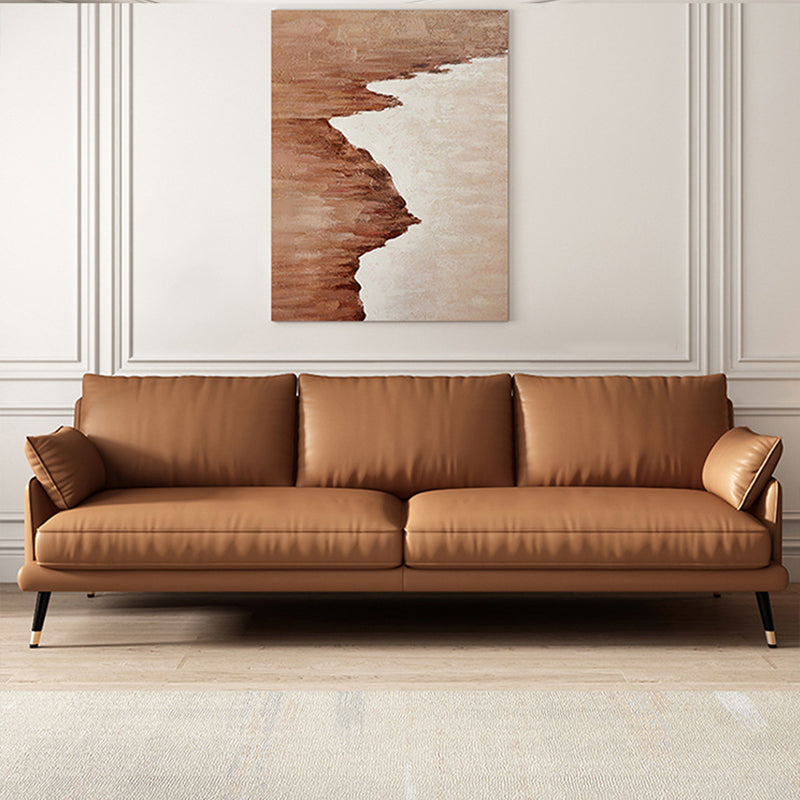 Mid-Century Modern Brown Leather Sectional Recessed Arm Sofa with Pillows