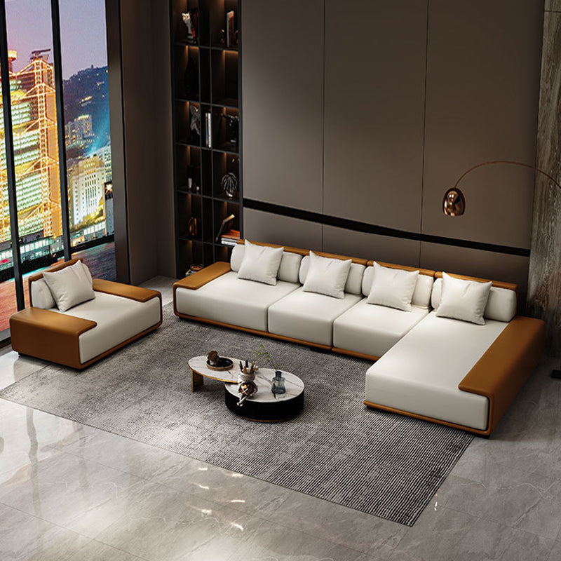 Assembled Genuine Leather Living Room Recessed Arm Modular Sofa & Chaise
