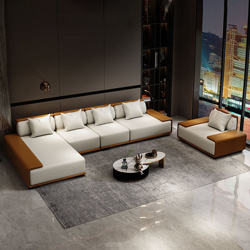 Assembled Genuine Leather Living Room Recessed Arm Modular Sofa & Chaise