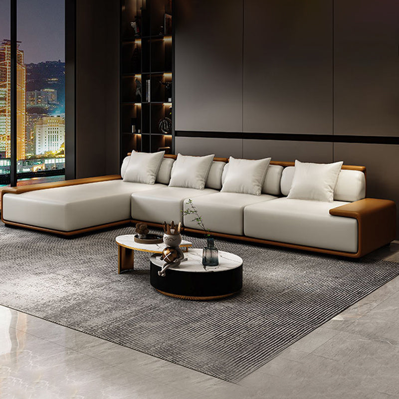 Assembled Genuine Leather Living Room Recessed Arm Modular Sofa & Chaise