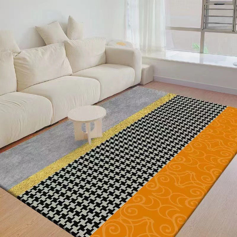 Orange Grid Pattern Rug Polyester Modern Rug Washable Rug for Living Room