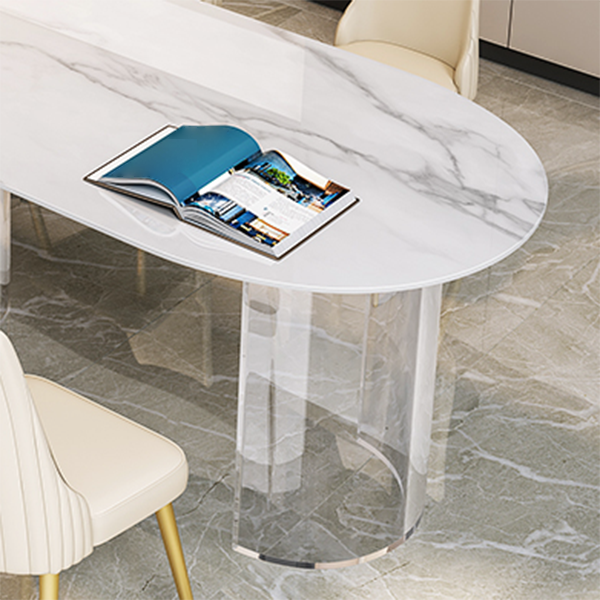 Sintered Stone Top Dining Table Modern White Table with Acrylic Double Pedestal