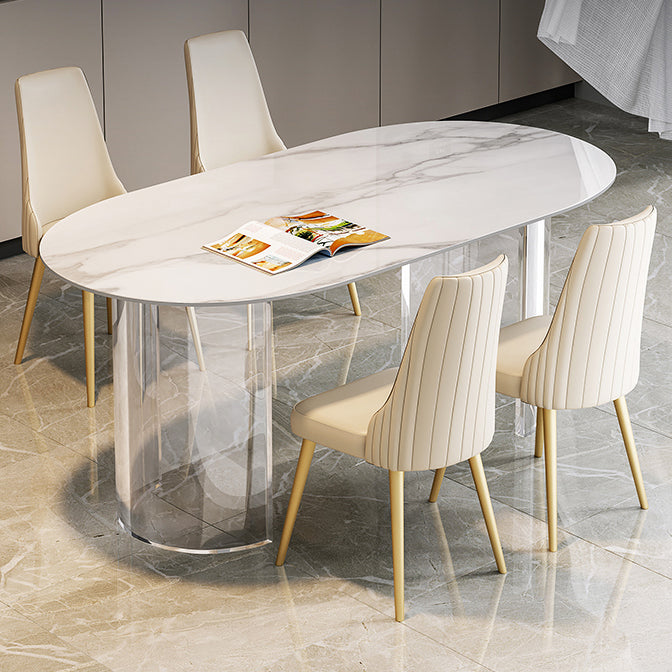 Sintered Stone Top Dining Table Modern White Table with Acrylic Double Pedestal
