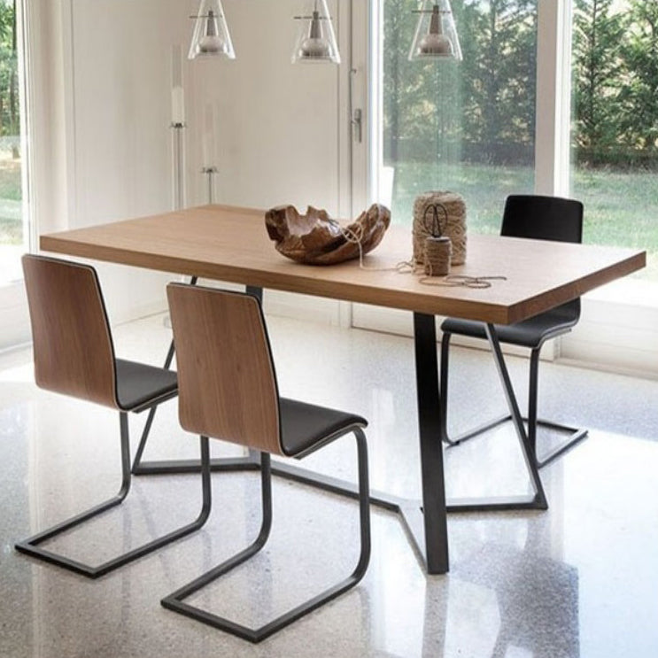 Rectangle Industrial Dining Table Trestle Base Fixed Table with Solid Wood