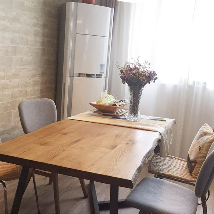 Rectangle Industrial Dining Table Trestle Base Fixed Table with Solid Wood