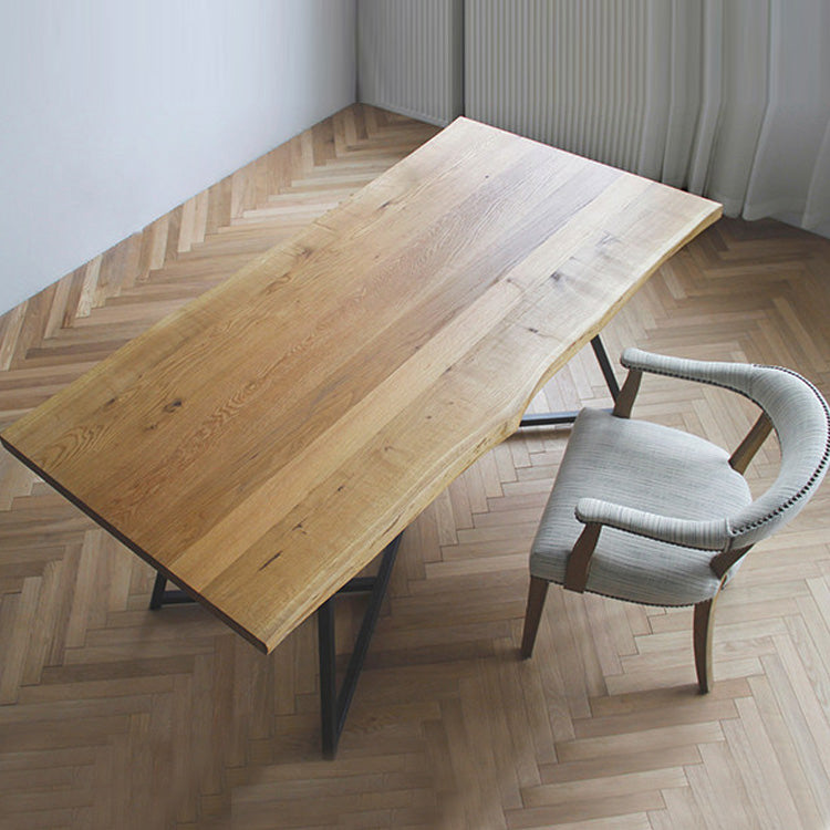 Rectangle Industrial Dining Table Trestle Base Fixed Table with Solid Wood