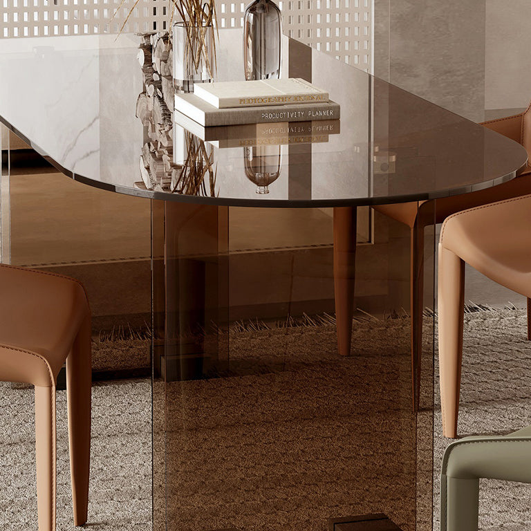 Glass Contemporary Free Form Dining Table Clear Glass Table with Double Pedestal
