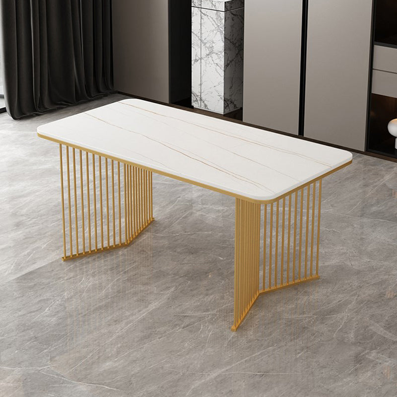 Rectangle Stone Dining table Gold Frame Traditional Luxury Double Pedestal Table