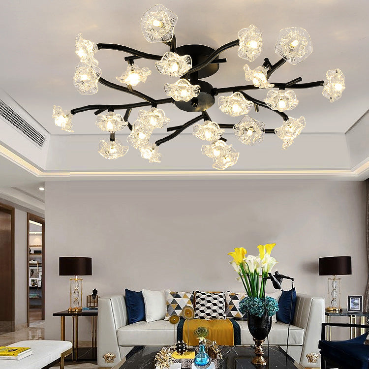 Moderne Metall-Halbblüten-Lampe Mehrköpfe Blumenschlafzimmer Deckenbeleuchtung mit Glasschatten