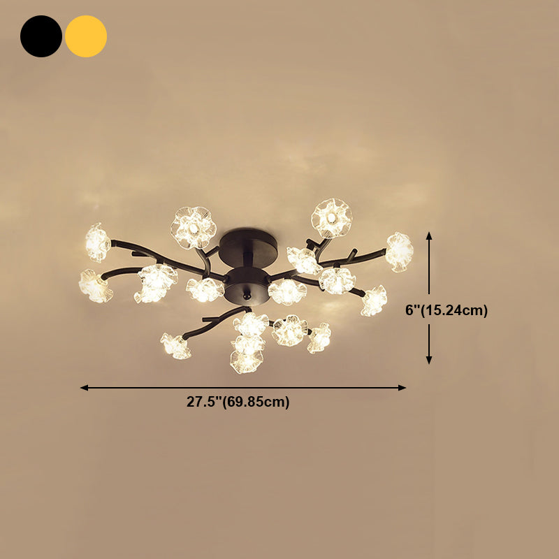 Lámpara de semi flush de metal moderna iluminación de techo de dormitorio de flores múltiples con sombra de vidrio
