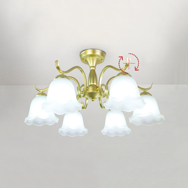 Gold Semi Flush Lamp Traditional Multi-Head Bedroom Ceiling Lighting with Glass Shade