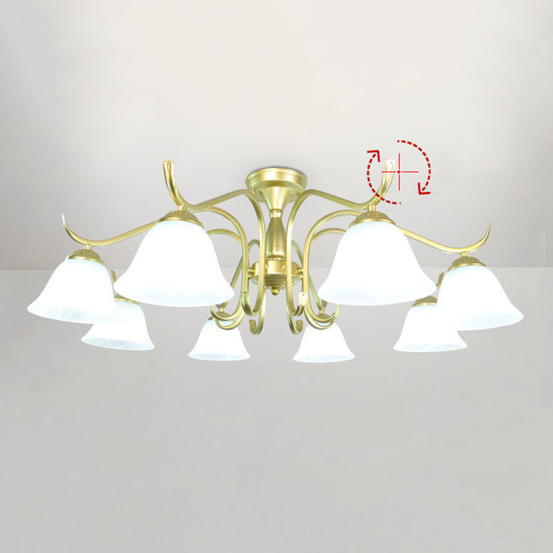 Gold Semi Flush Lamp Traditional Multi-Head Bedroom Ceiling Lighting with Glass Shade
