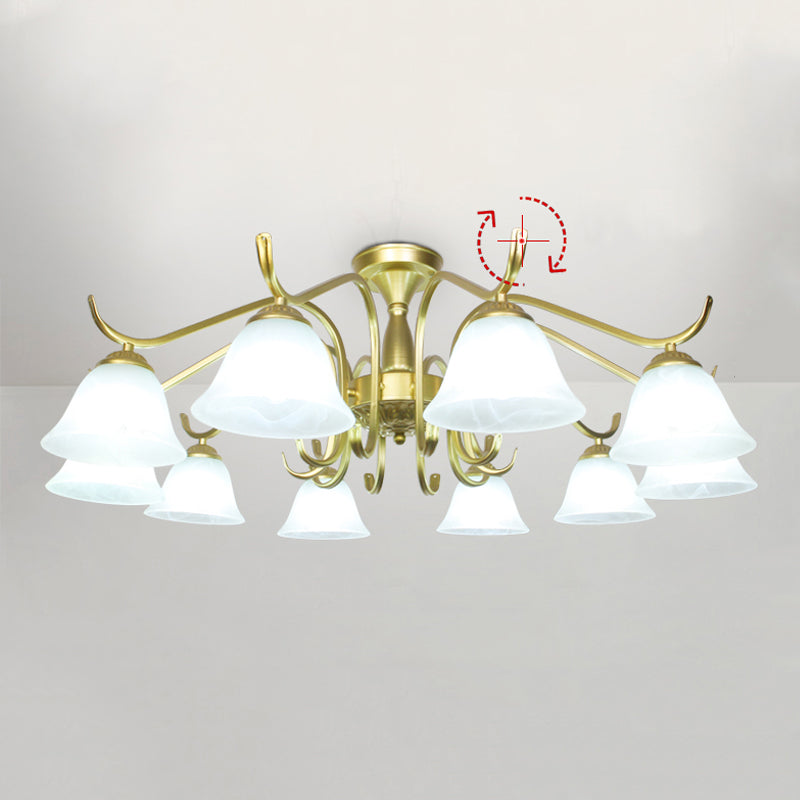 Gold Semi Flush Lamp Traditional Multi-Head Bedroom Ceiling Lighting with Glass Shade