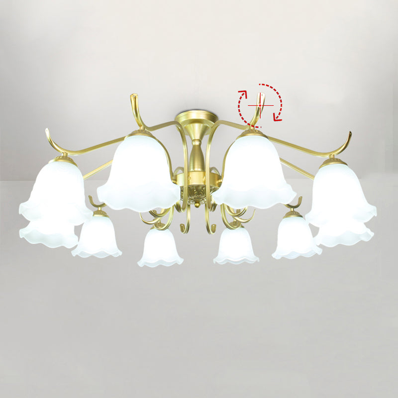 Gold Semi Flush Lamp Traditional Multi-Head Bedroom Ceiling Lighting with Glass Shade