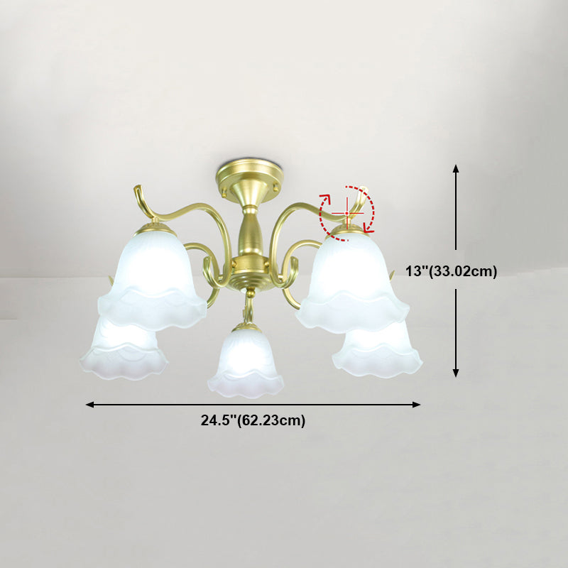 Gold Semi Flush Lamp Traditional Multi-Head Bedroom Ceiling Lighting with Glass Shade