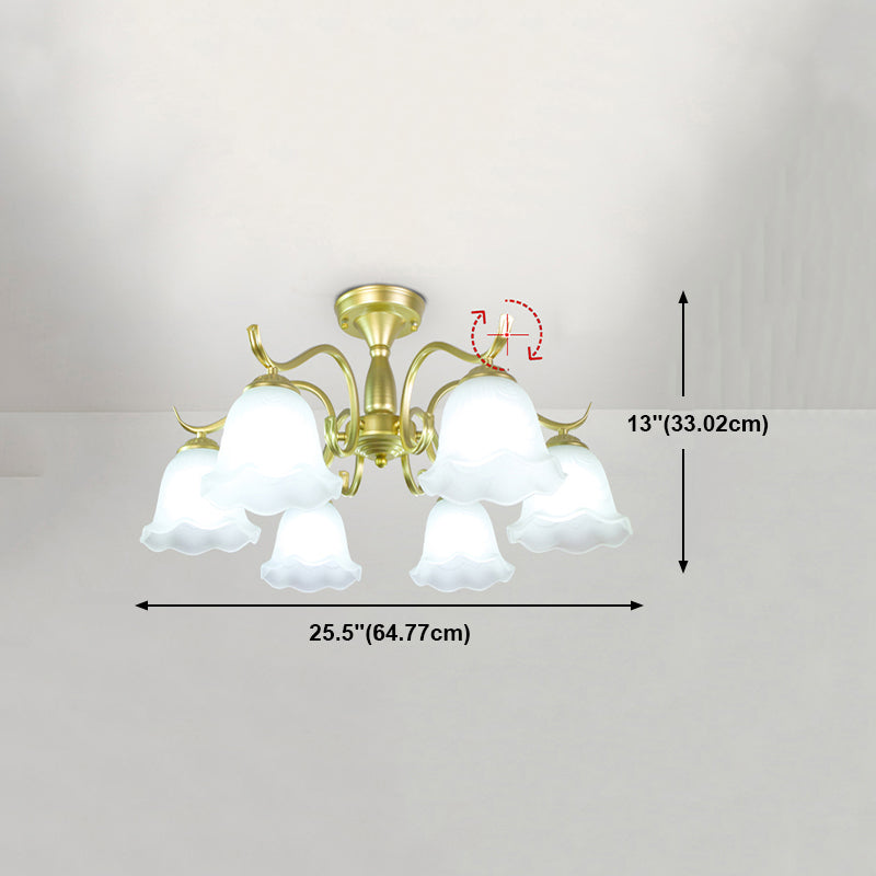 Gold Semi Flush Lamp Traditional Multi-Head Bedroom Ceiling Lighting with Glass Shade