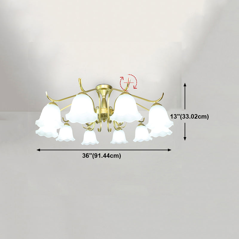 Gold Semi Flush Lamp Traditional Multi-Head Bedroom Ceiling Lighting with Glass Shade