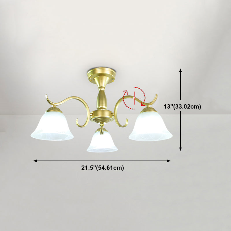 Gold Semi Flush Lamp Traditional Multi-Head Bedroom Ceiling Lighting with Glass Shade