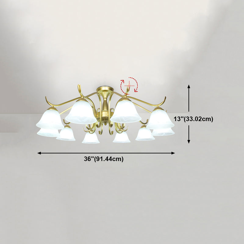 Gold Semi Flush Lamp Traditional Multi-Head Bedroom Ceiling Lighting with Glass Shade