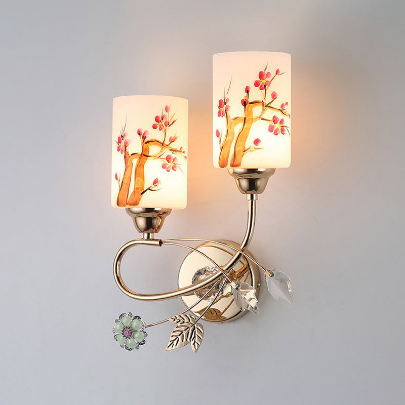 Lámpara de pared cilíndrica de vidrio de pintura a mano 2 luces de oro de 2 luces de oro