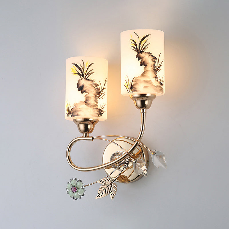 Lámpara de pared cilíndrica de vidrio de pintura a mano 2 luces de oro de 2 luces de oro