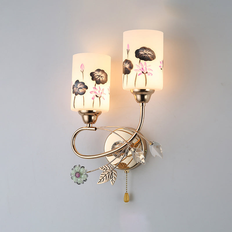 Lámpara de pared cilíndrica de vidrio de pintura a mano 2 luces de oro de 2 luces de oro