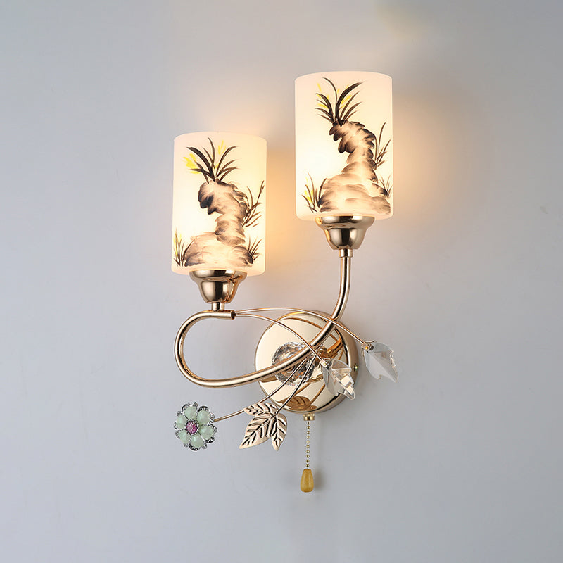 Lámpara de pared cilíndrica de vidrio de pintura a mano 2 luces de oro de 2 luces de oro