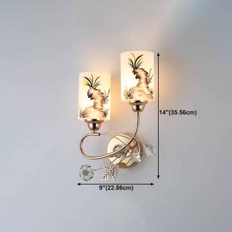 Lámpara de pared cilíndrica de vidrio de pintura a mano 2 luces de oro de 2 luces de oro