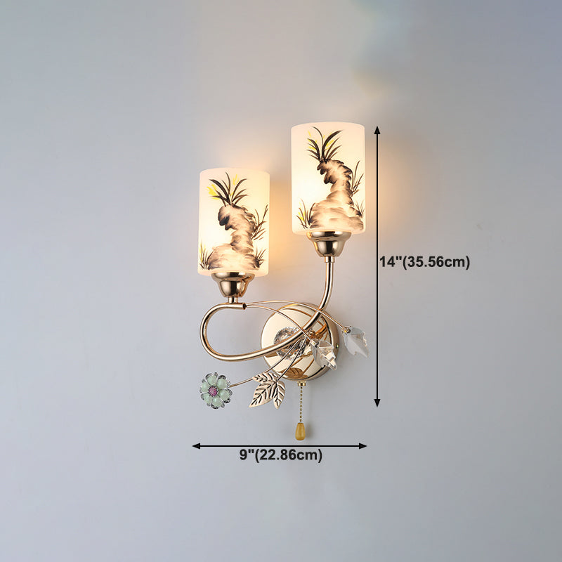Lámpara de pared cilíndrica de vidrio de pintura a mano 2 luces de oro de 2 luces de oro