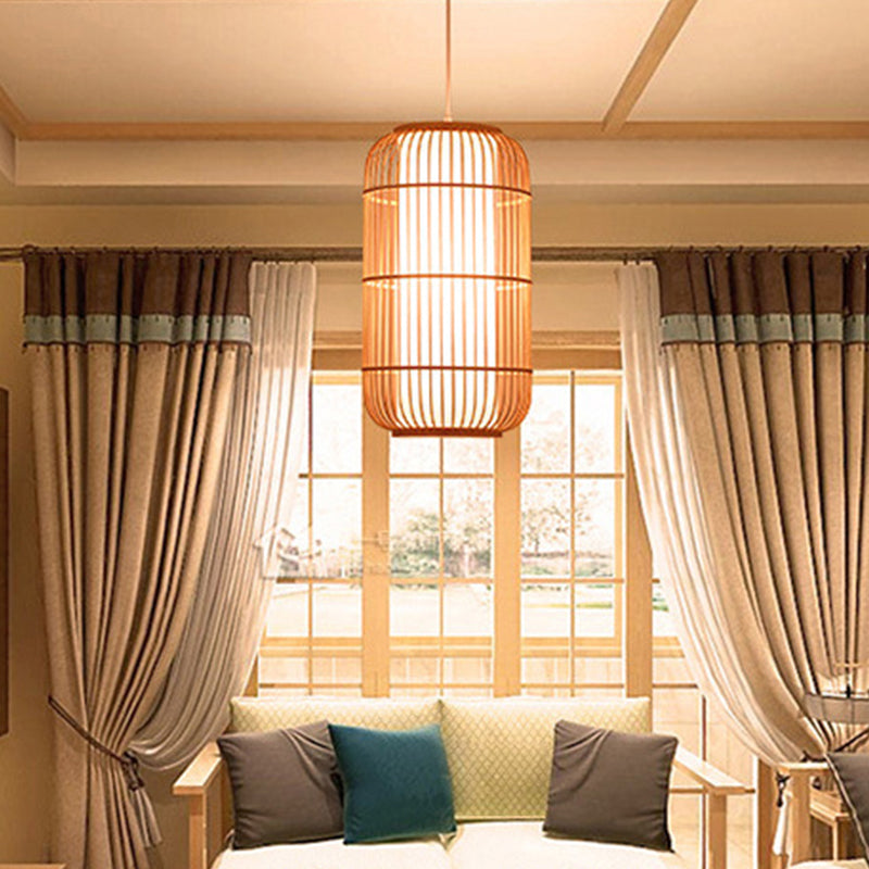 Asia 1-Light Down Lighting Bamboo Cylinder Hanging Pendant Light for Tea Room